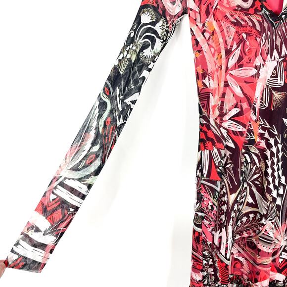 FUZZI Mystical Print Long Sleeve Midi Dress Ruby Red V-Neck Mesh Y2K 90s Sz S - Picture 7 of 11